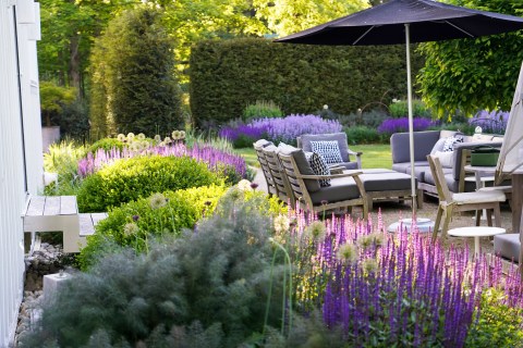 Patio with purple flowers and covered table and chairs